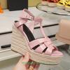 Fashion Cross Straps Open Toe Wedges Women Sandals Solid Color Open Toe Real Patent Leather Espadrilles Shoes Newest Summer 14cm Heels