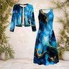 Women Plus Size Teal Blue Printed Round Neck Long Sleeve Cardigan Sleeveless Dress Two Piece Set