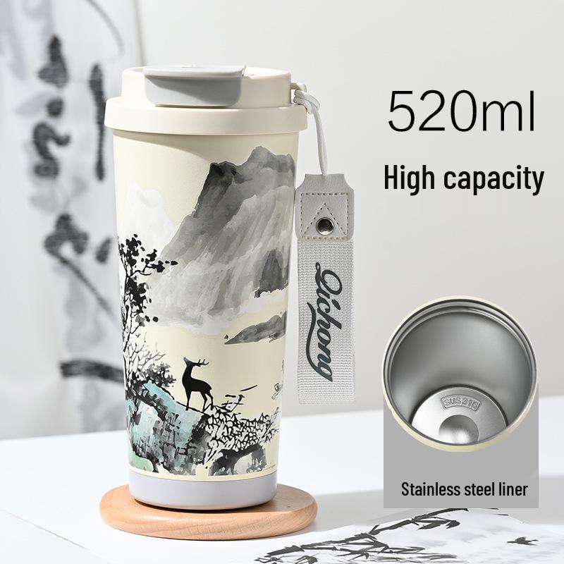 Guochao Double-Walled Coffee Cup with 316 Stainless Steel Liner, Ceramic Thermos, Portable Business Gift. 520ml