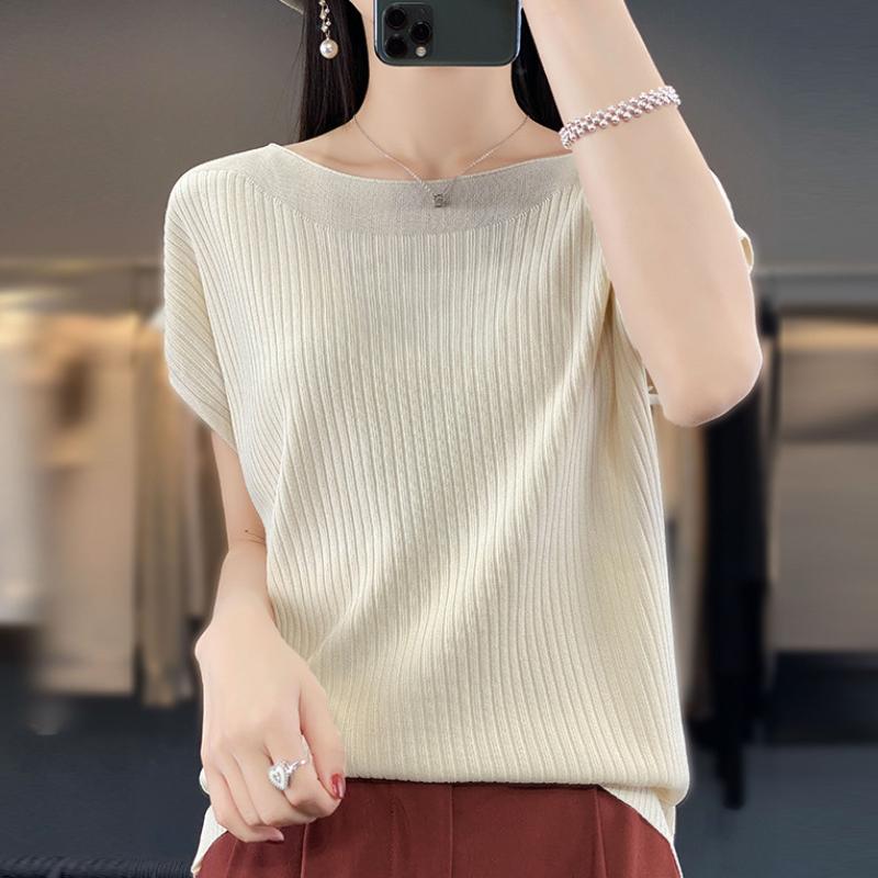 

Round Neck Curved Bead Ice Silk Sweater Short-sleeved Women s Summer New Vertical Pit Strip Versatile Top Loose and Fashionable Exterior XXL