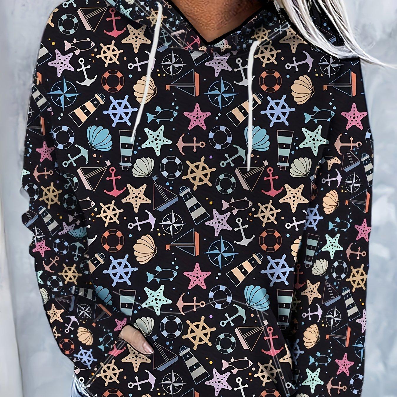 

All Over Print Hooded Sweatshirt Long Sleeves Slight Stretch Casual Hoodie Women s Activewear