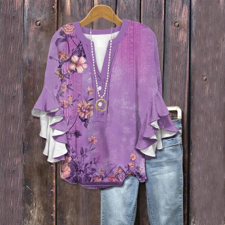 Süße Sommeroberteile mit Blumendruck für Damen V-Ausschnitt 3/4 Ärmel Lässige Blusen Hemden