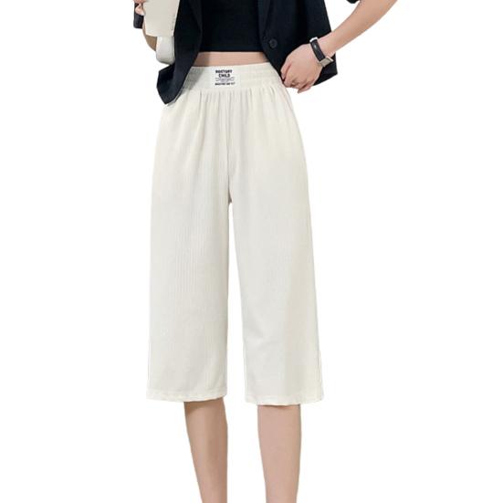 Summer Ice Silk Casual Pants Elastic Waist Pockets Cropped Pants Solid Color Wide Leg