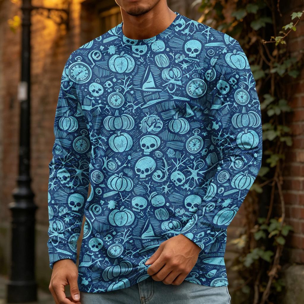 Men's Halloween Print Crewneck Long Sleeve T-Shirt for Casual Wear