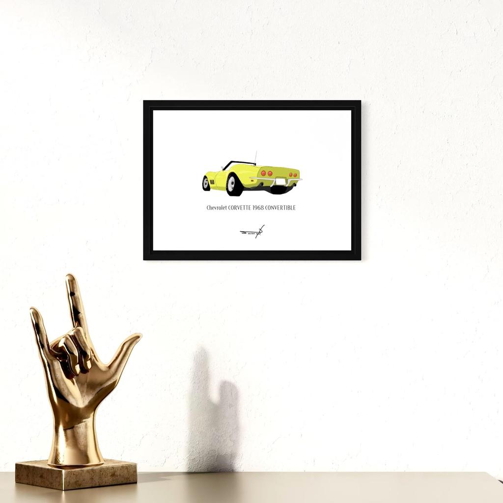 Vintage Car Pop Art Poster, American Car, A4 Framed, Chevrolet Corvette 1968 (Yellow/A4 Framed (Black Frame))