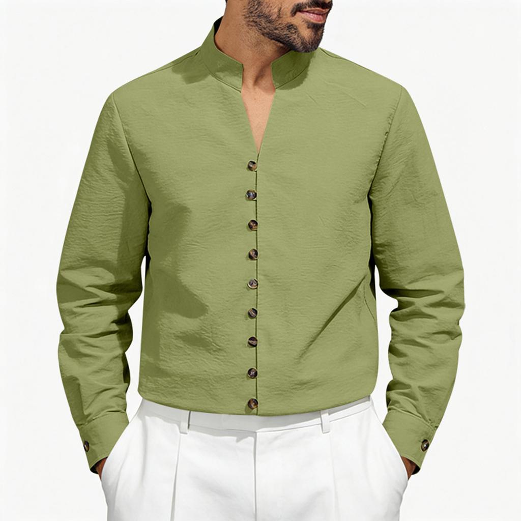 Men's Low Round Neck Tang Button Up Shirt Loose And Casual Jacket