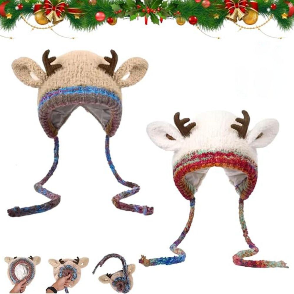 Plush Fur Knitted Deer Antler Hat Windproof Festival Christmas Antler Hat New Ear Flap Hat  Outdoor
