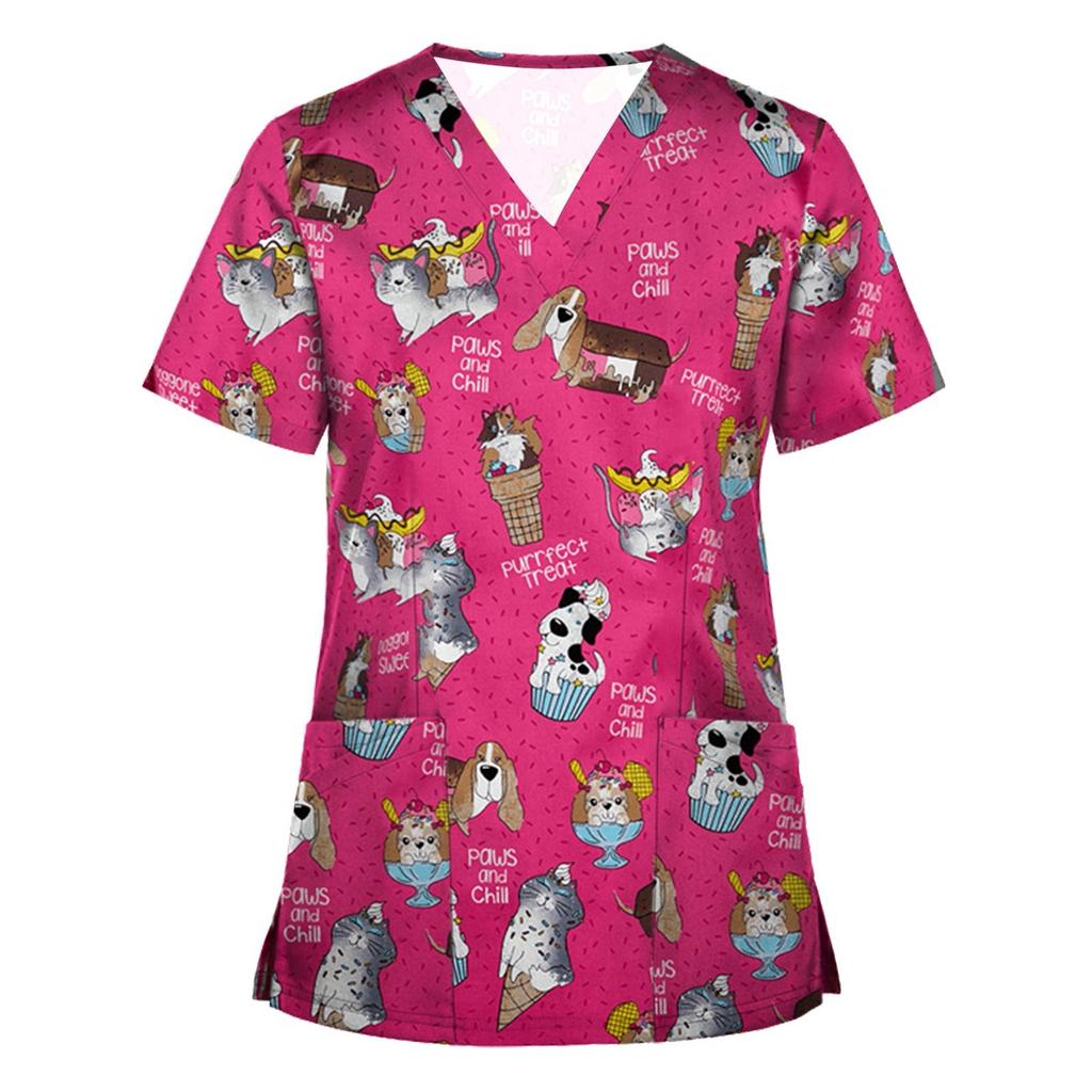 Women's Floral Print Scrub Top Short Sleeve V-Neck Medical Uniform Shirt for Nurses and Healthcare Professionals