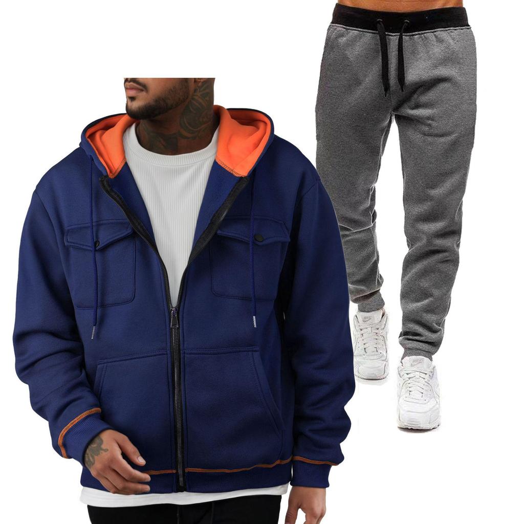 Men's European Size 220g Zip-Up Hoodie and Sweatshirt with Double Pockets - Sporty Casual Set