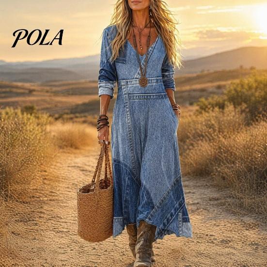Boho Style Dress Denim Print Maxi for Women, Casual Long Sleeve V A-line Neck Dress, Summer Loose Flowy Vacation Women