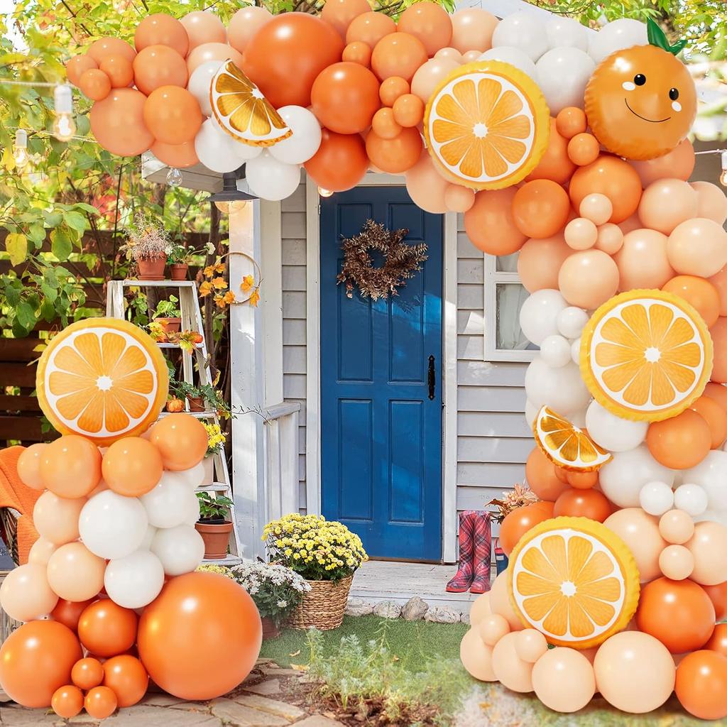 Little Cutie Baby Shower Decorations, 173PCS Orange Balloon Garland Arch kit, Macaron Pastel Orange Balloons, White Balloons for Baby Shower