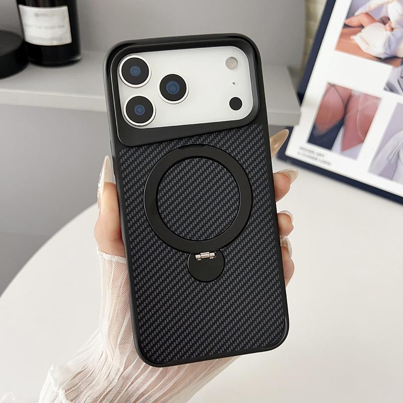 Carbon Fiber Magnetic Shockproof Case 17/Air/17 Back Cover with 360 Degree Rotating Holder,for iPhone 17 air carbon fiber case for iPhone 14Plus чёрный