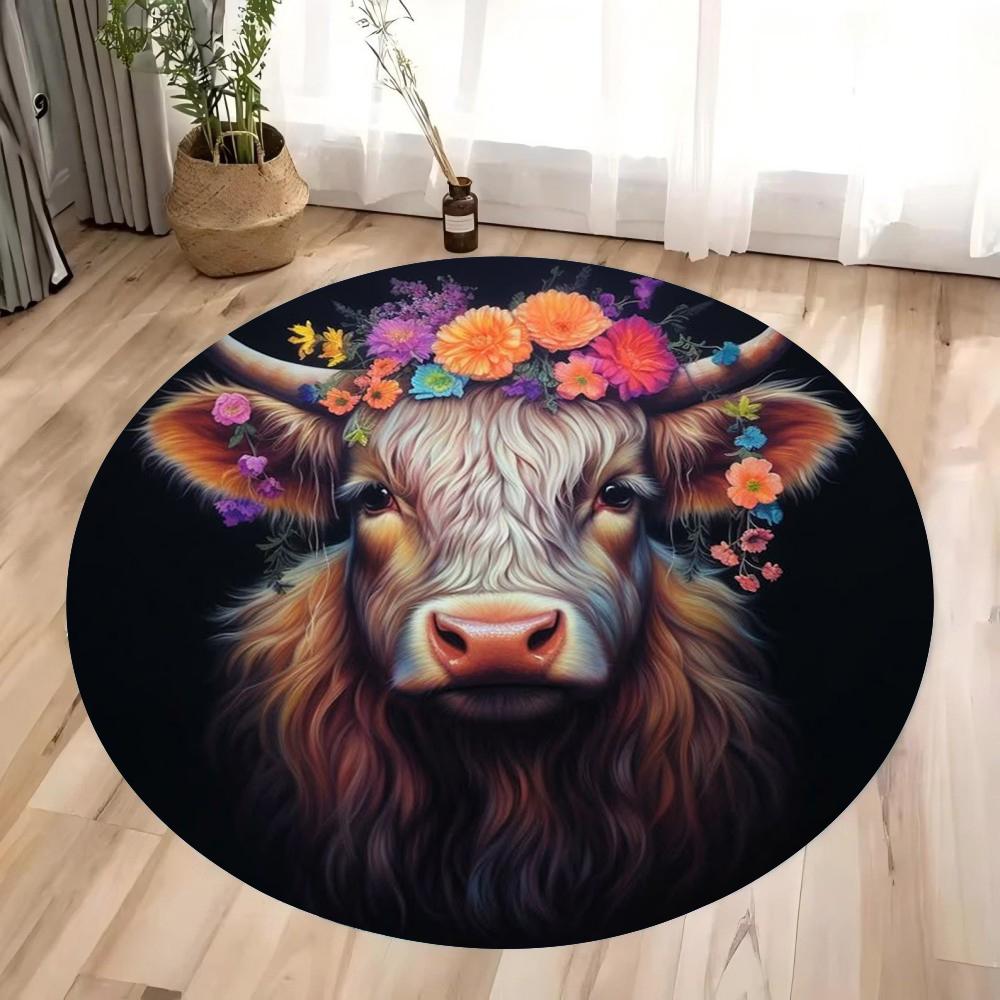 Scottish Highland Cattle Pattern Round Rug Kids Room Circular Carpet Living Room Bedroom Home Decoration Computer Chair Area Mat
