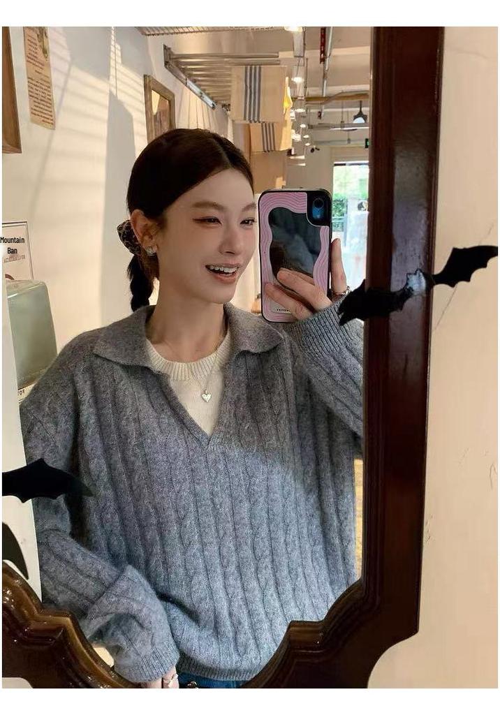 Women's Two-Piece Look Polo Collar Wool Sweater - Thick and Loose Knitwear for Autumn/Winter