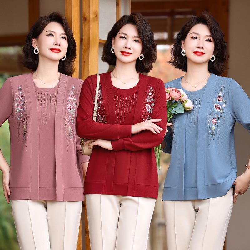 Spring Spliced Knit Blouse for Women Aged 40-60 - Faux Two-Piece Sweater Design