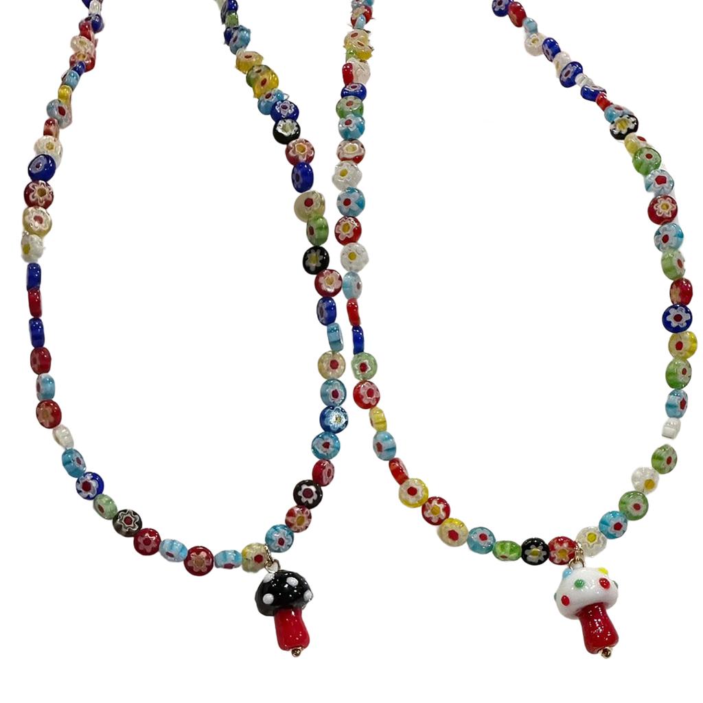 Colorful Glass Bead Necklace Featuring Mushroom Pendant and Floral Designs Decoration for Trendy Women Outfits