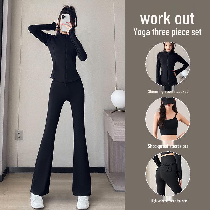 Damen Premium 3-teiliger Yogaanzug: 2024 High-Waist Micro Flare Hose für Fortgeschrittene Sportarten, Fitness & Pilates