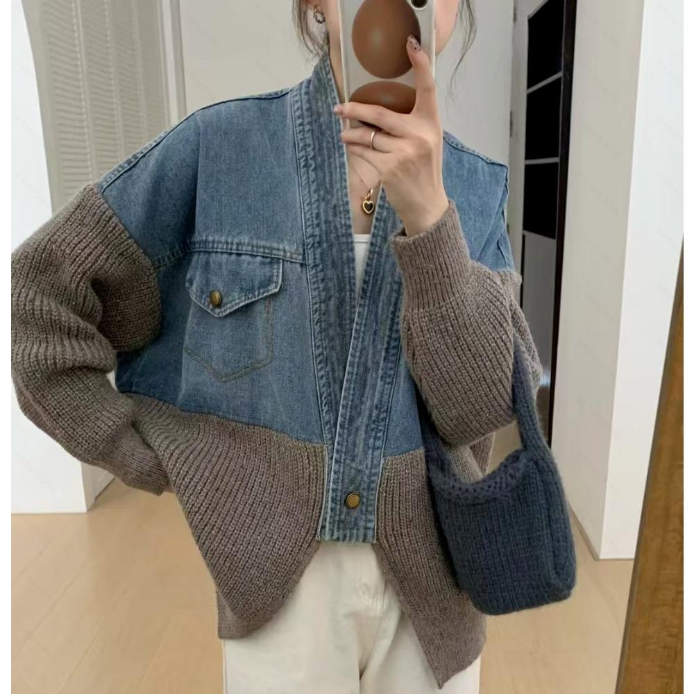 Dimanaf 2025 Autumn New Jacket Women Sweaters Coat Patchwork Wadded Coat Cardigan Knitting Pockets Fake Two-Piece Sweater
