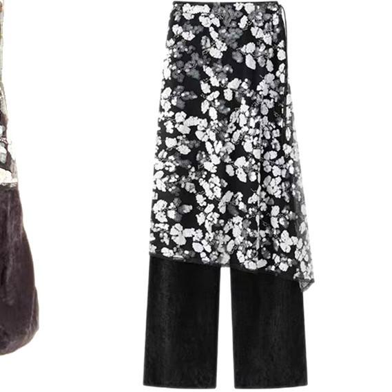 

High-End Custom Silk Velvet Pants with Detachable 3D Floral Appliqué - Fashionable Early Spring Collection L