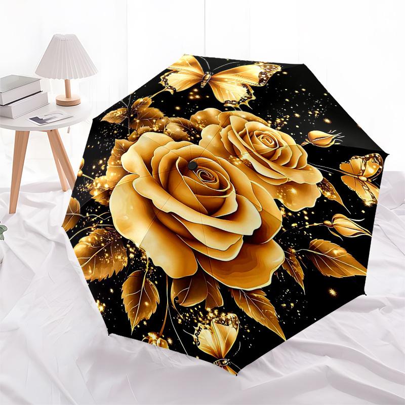 1PC Golden Roses Butterfly Umbrella-8-Rib Reinforced, Automatic Open, Lightweight & Durable, Fashion Accessory for Outdoor, Beach L0361