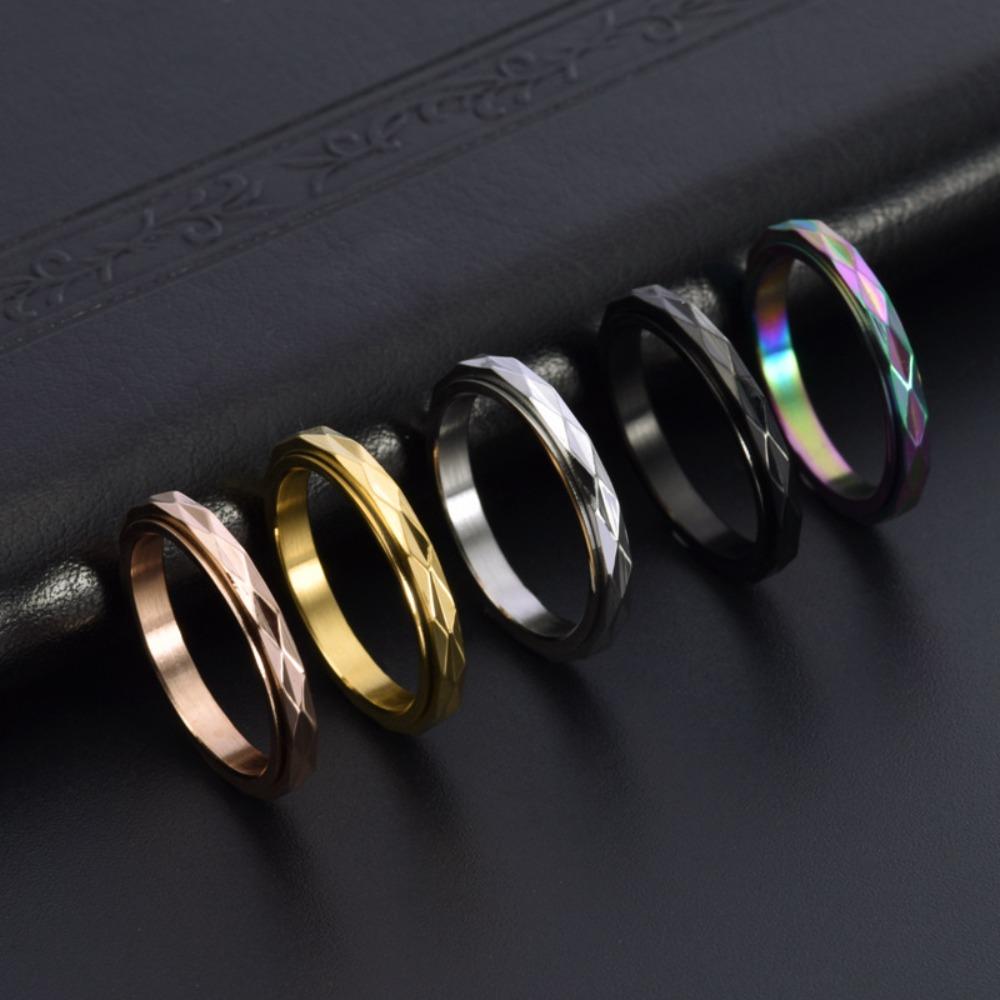 Rotating Diamond Cut Stainless Steel Ring for Women 3MM Minimalist Gold Jewelry