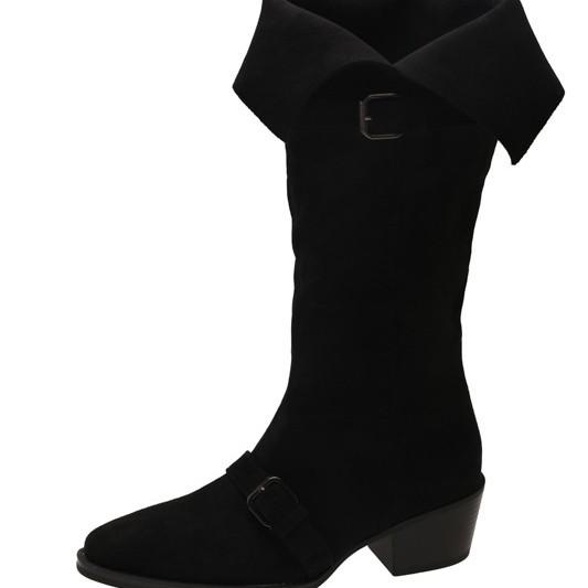Korean Version Retro Suede Belt Buckle Thick Heel Boots Women's Autumn and Winter Wear Classic Wide Circumference Thin Long Boots