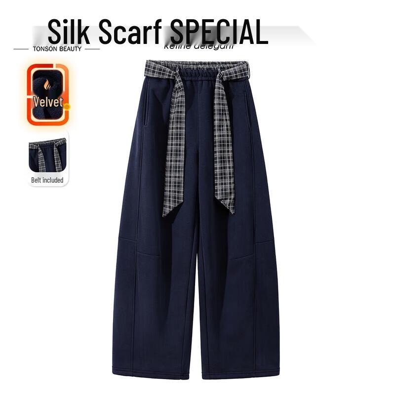 Sibai She Women's Plaid Color-Block High-Waist Fleece-Lined Wide-Leg Pants
