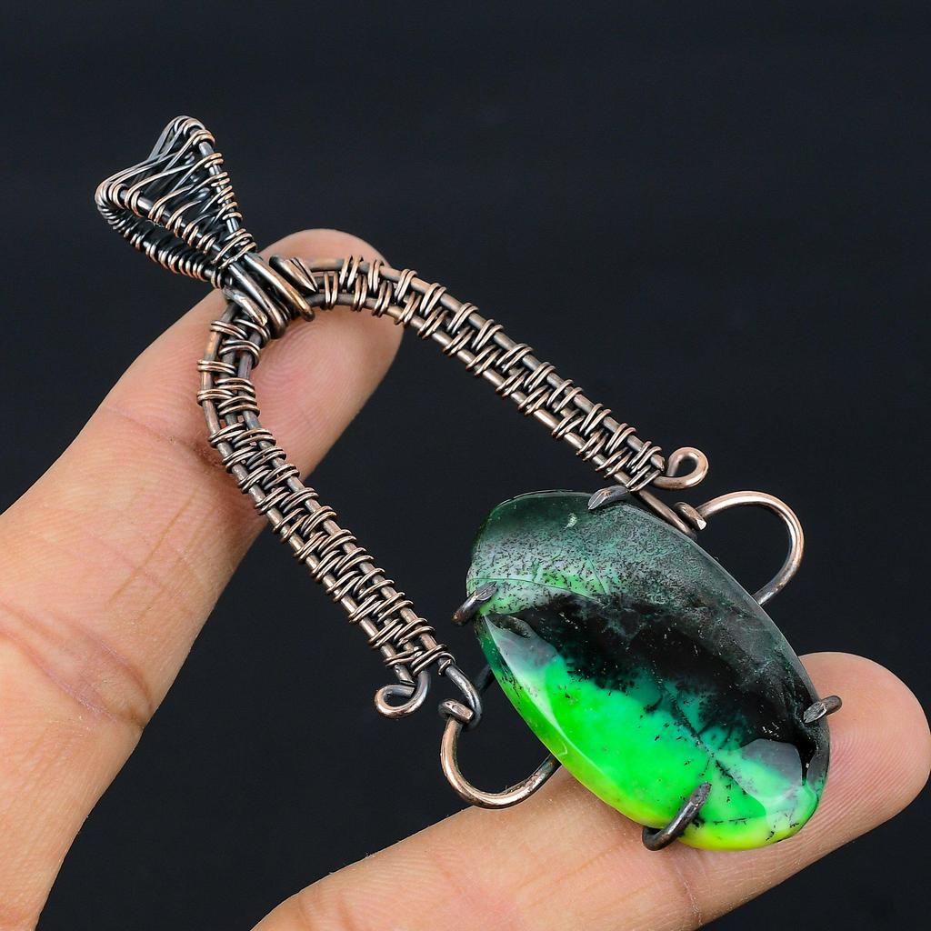 Anhänger aus grünem Dendritenopal, umwickelt mit 999er Kupferdraht, handgefertigter Edelsteinanhänger, Geschenk für die Ehefrau, Neuware