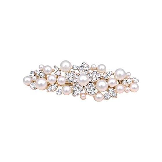 Pearl Flower Motif Hair Barrette for Women - 5 Petal Design, Elegant & Glamorous for Weddings, Parties, Graduations - White Resin Pearl, Rhinestone,