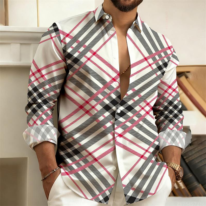New Men's Shirt with Color Blocking Geometric Stripes, Long-Sleeved, Casual, Outdoor, Street Style, Fashionable Top