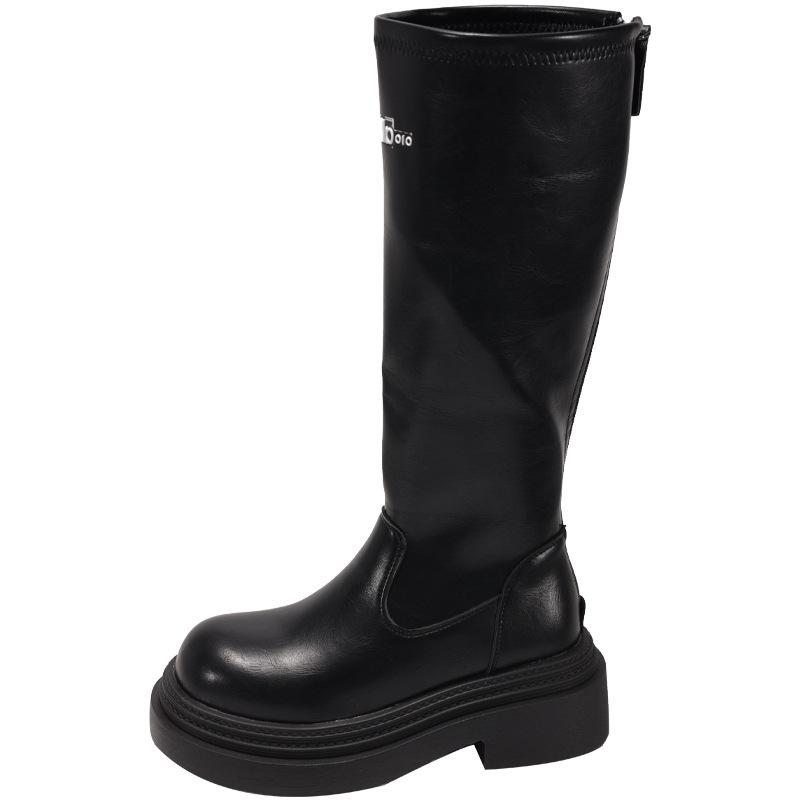 

Soft leather tall elastic boots 2025 autumn and winter new British style heightened thick-soled one-pedal short women s boots knight boots 40 чёрный