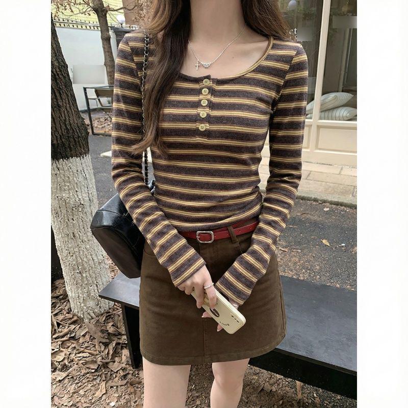 

Women s Coffee Striped Button-Up T-Shirt: New Autumn/Winter, Low U-Neck, Slim-Fit, Brushed Fabric, Long-Sleeve. S