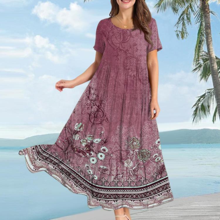 Bohemian Floral Summer Beach Dress Women Casual Loose Long Maxi Swing Short Sleeve