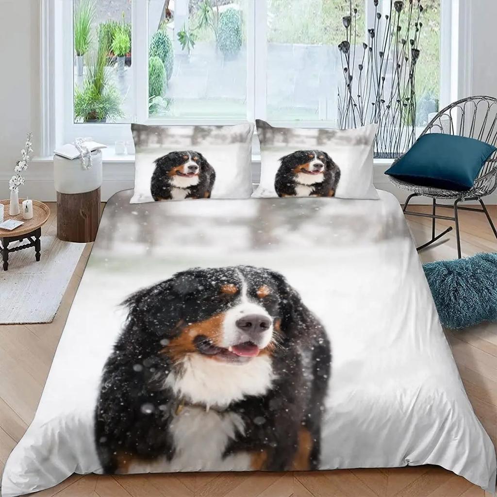 Dogs Duvet Cover Set Cute Animal Bedding Set Microfiber Bernese Mountain Dog Comforter Cover Twin Full Size For Kids Teens Boys