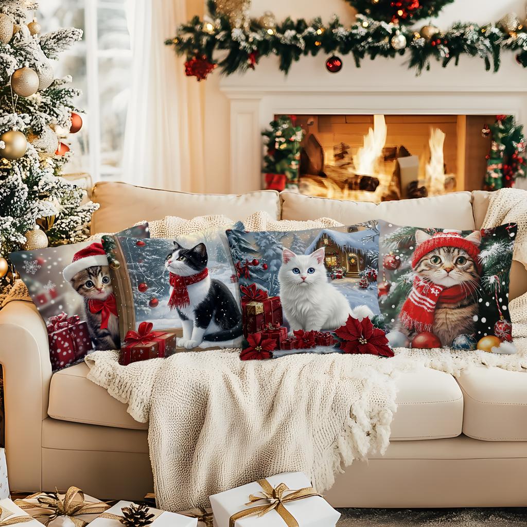 Christmas Themed Cat Pillowcase Bedroom Sofa Cushion Cover 100% Polyester Living Room Cushion Pillowcase Home Decor