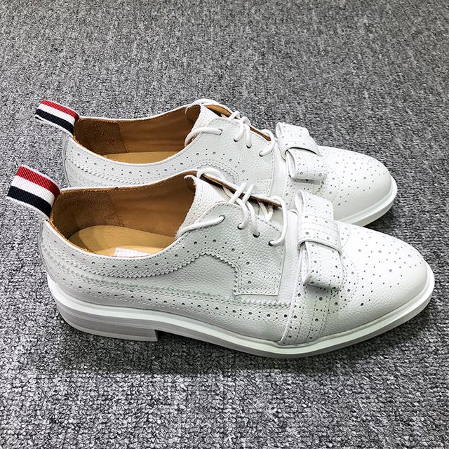 Bow Knot Leather Shoes British Style Star With The First Layer Cowhide Shoe Retro White Genuine Leather Women Flat Shoes