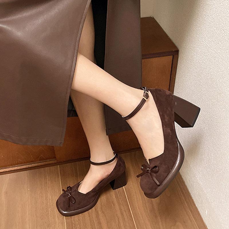Fashion Retro Pumps for Women Solid Suede Spring Autumn Ankle Buckle Chunky High Heels Women Shoes Black Brown Fashion Mary Jane Shoes