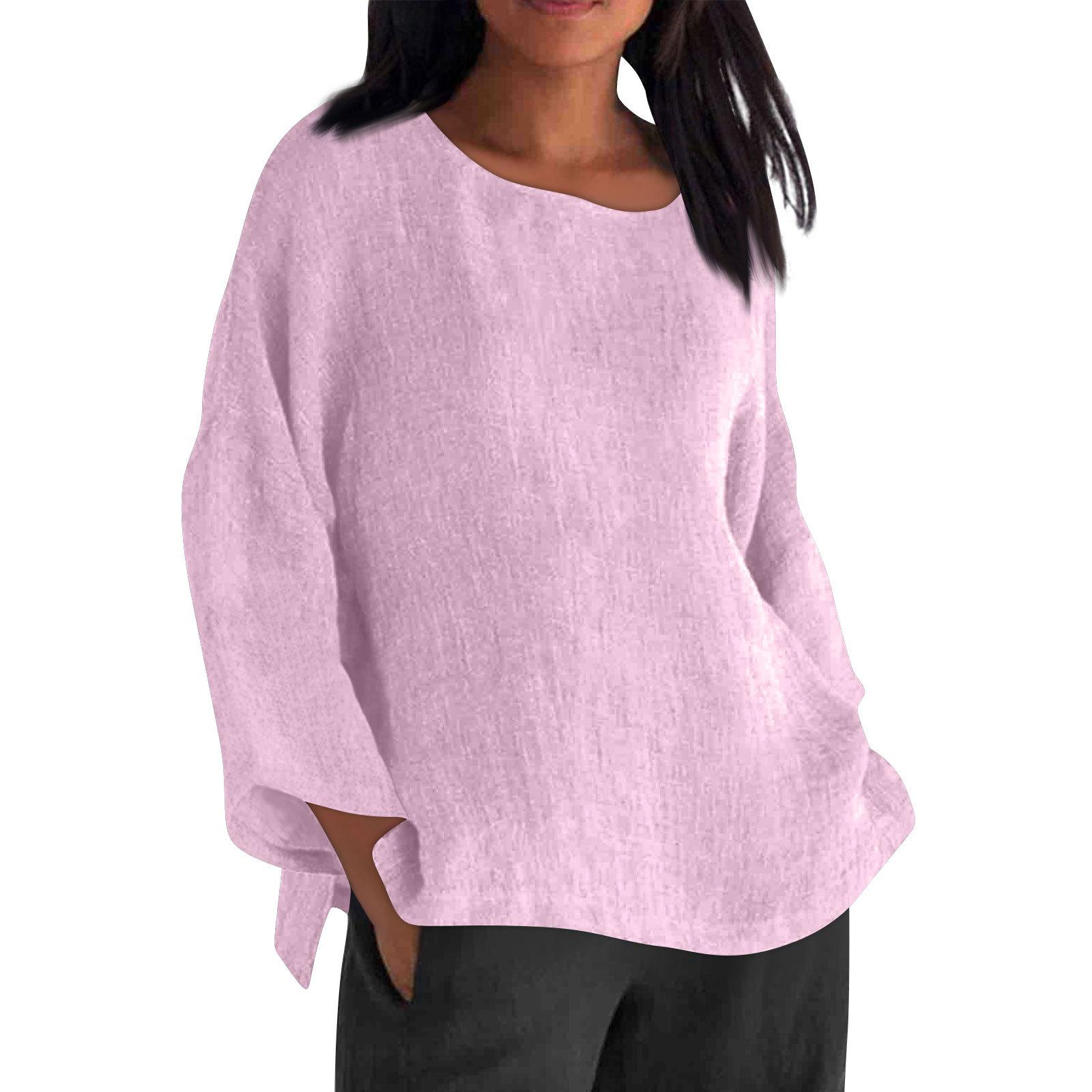 

Long Sleeved Round Neck Solid Color Top Cotton and Linen Women’s Blouses & Shirts S рожевий