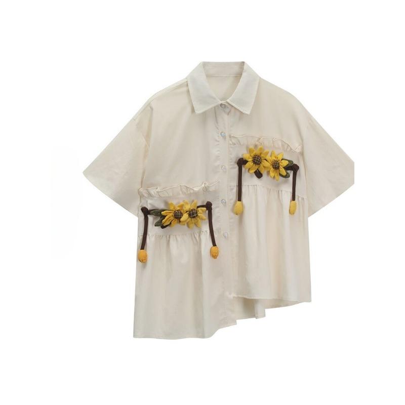 

Sunflower Decorated Women s Shirt Asymmetric Design Short Sleeved Oversized Blouse Summer Casual New Trend Woman Loose Top 3XL бежевый