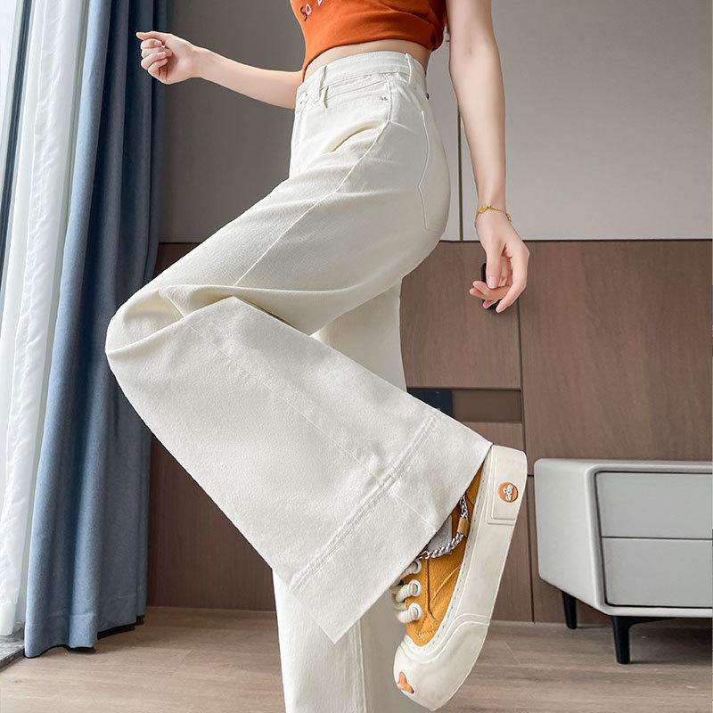Wide-leg jeans women's denim blue velvet autumn and winter, loose high-waisted and thin elastic straight floor pants
