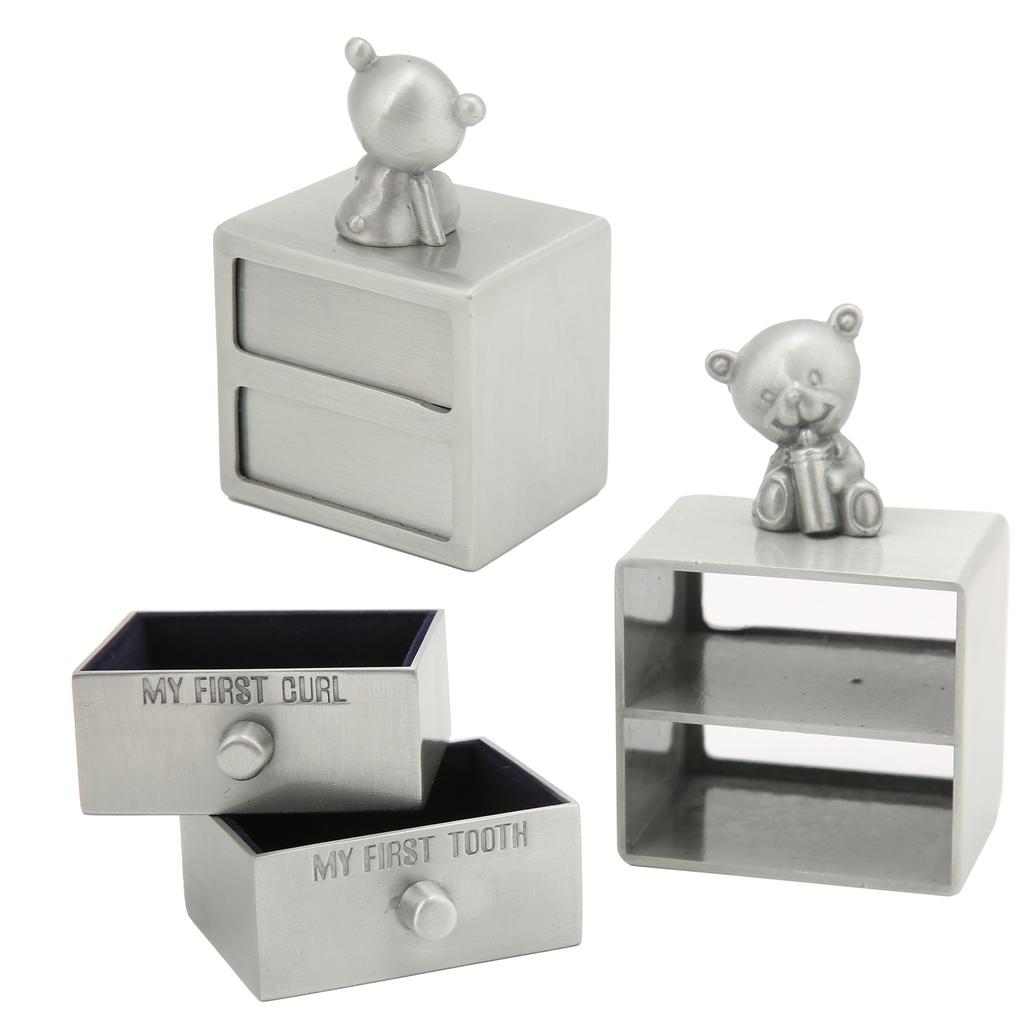 Tooth Box Metal Cute BearShape Storage Case with 2 Drawers for Children Growth Memorial Gift Jewelry Collection(Green Patina )