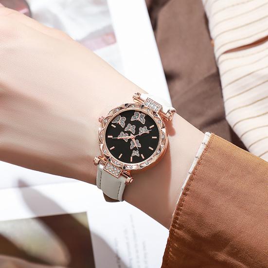Ladies Butterfly Watch Artificial Leather Strap Quartz Watch Rhinestone Round Dial Fashionable Wristwatch for Women Party Office Date