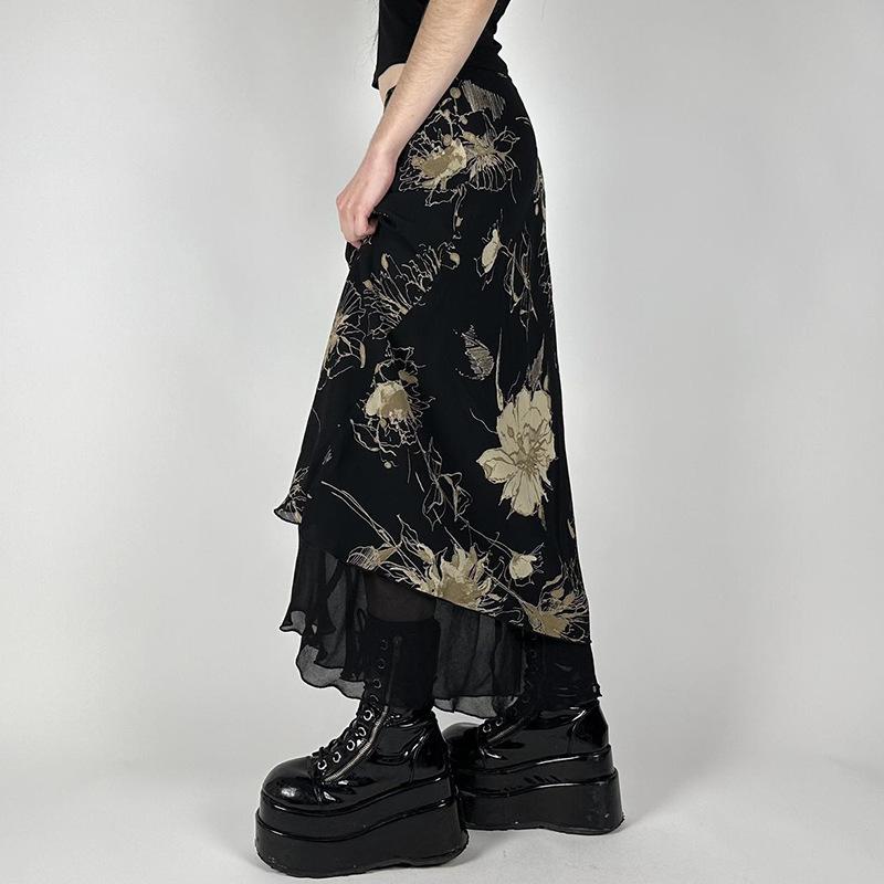 Goth Dark Y2K Aestheics Double Layer Mesh A Line Skirt Women Fashion Florals Print Slim Skirts Fairy Streetwear Gothic Bottoms