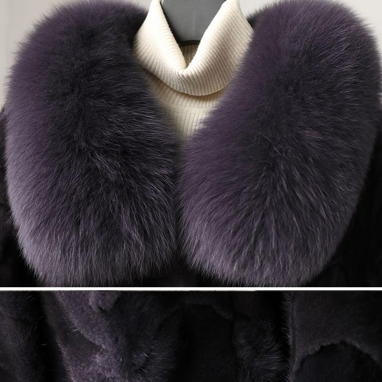 Winter Women's Mink Coat Fluffy Luxury Mid-Length Fur Coat with Fox Fur Collar
