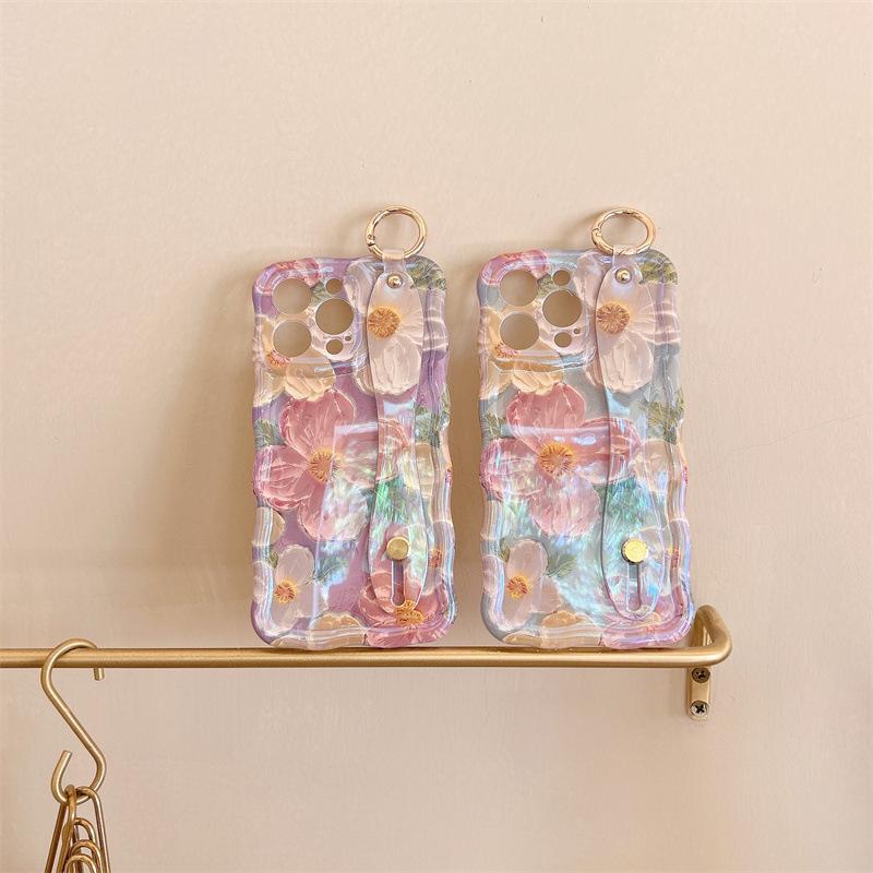 Blue Floral Oil Painting Phone Case with Wrist Strap for iPhone 15 Pro Max and Apple 14 Pro