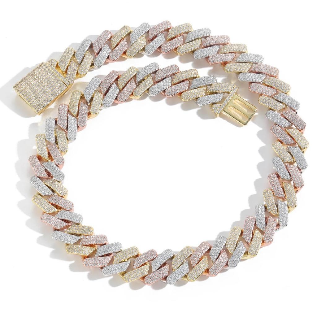 European and American Hip Hop 20mm Rhombus Cuban Necklace Blue Pink Three Rows Full of Diamonds Zircon Men's High Sense Ruffian Handsome Jewelry