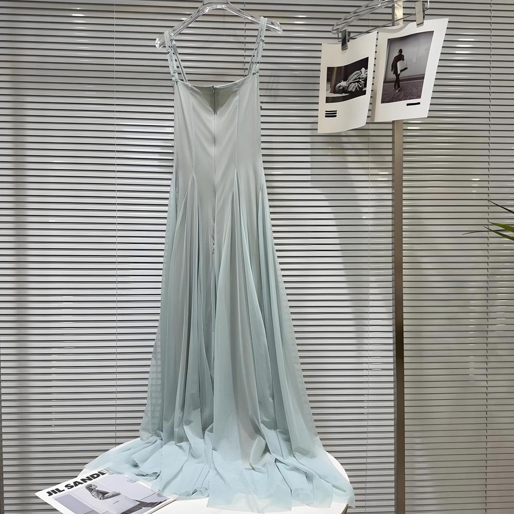 Kristall Diamant Ketten Netz Trägerkleid Damen Sommer Langes Kleid Taille Urlaub Feenkleid