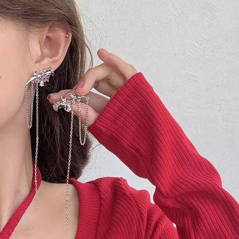 Korean Trendy Rose 925 Silver Tassel Earrings: High-End Slimming Studs for Women