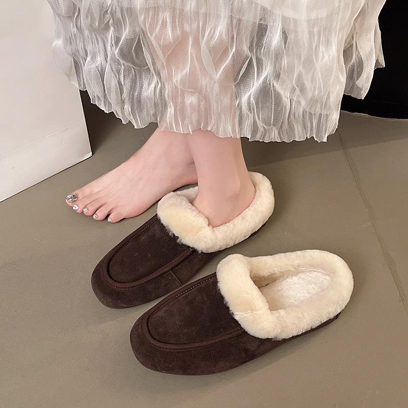 Mao Mao shoes women's autumn and winter outer wear bag head half slippers 2025 new flat-bottomed velvet bean shoes warm cotton slippers