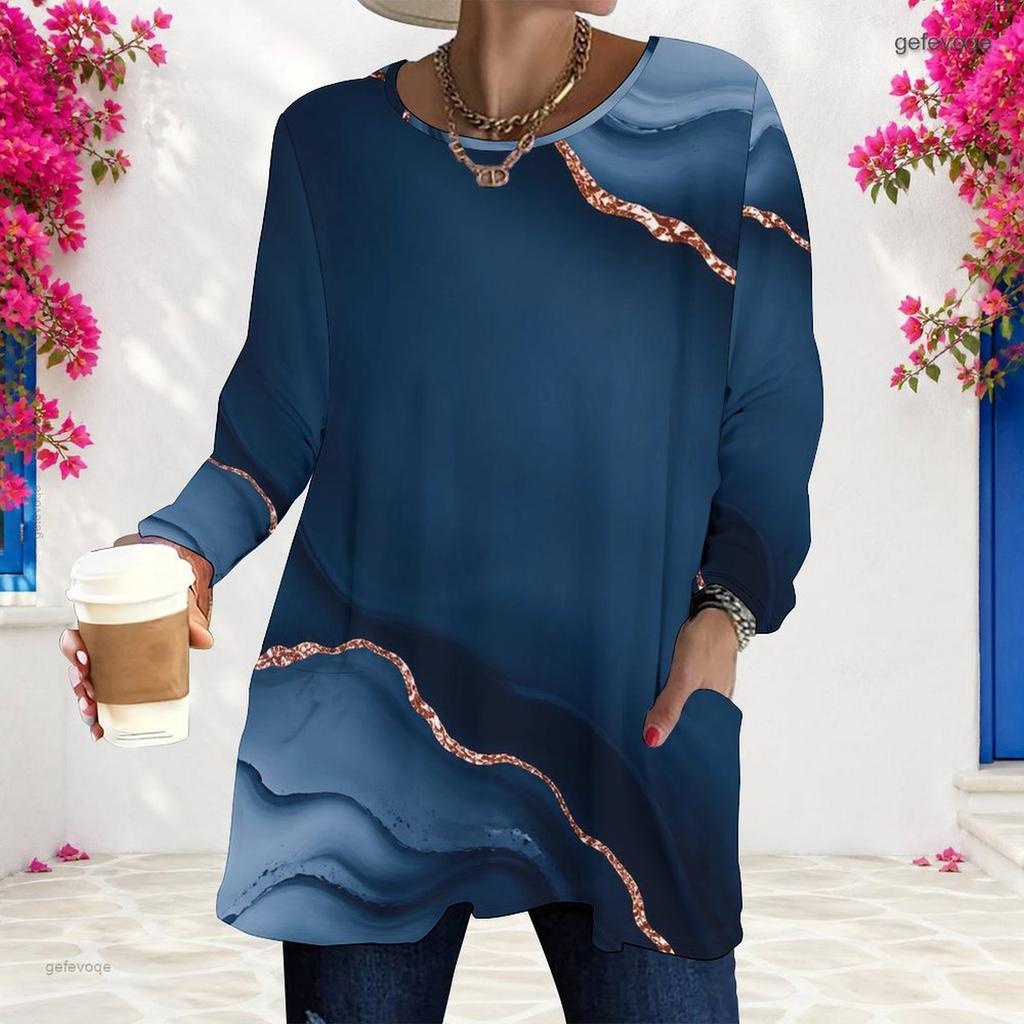 Women Plus Size Round Neck Long Sleeve Marble Printed Green Blue Gold Loose Tunic Top With Pockets